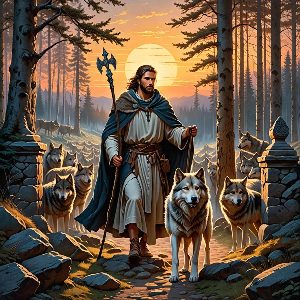 Faithful shepherd with glowing staff driving away wolves at dawn