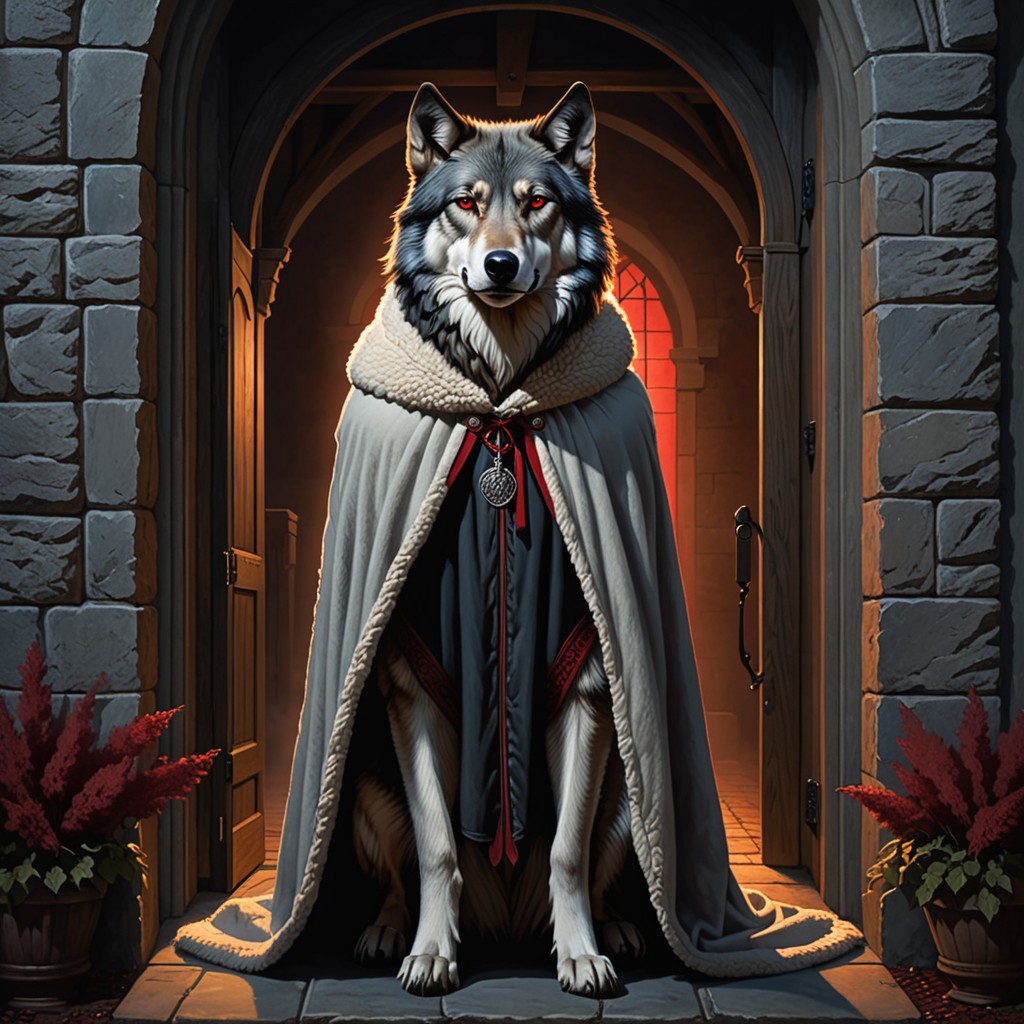 Wolf in sheep fleece standing at the threshold of a congregation