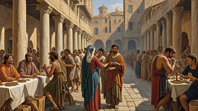 Children playing flutes and mourning games in a busy marketplace while others refuse to join in