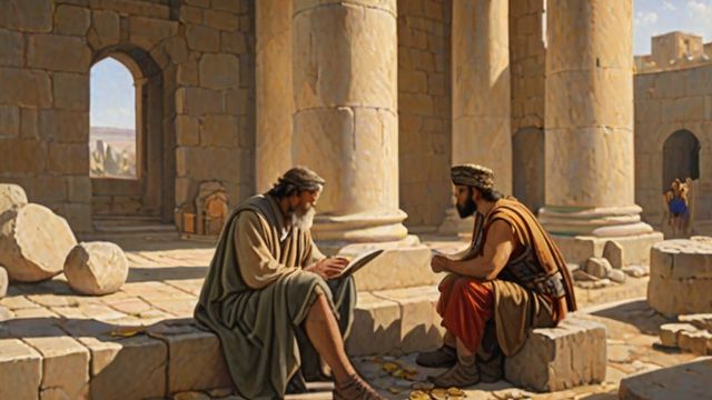 A man beside a half-built stone tower counting coins, and a king studying a map with his generals