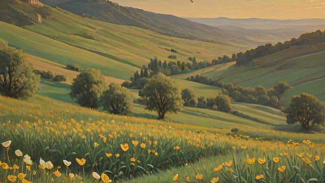 Wild lilies blooming in a Galilean hillside meadow while birds fly overhead