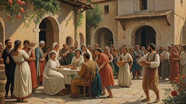 A joyful village wedding with guests dancing and musicians playing lyres around the bridegroom