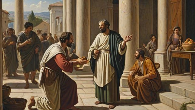 A faithful steward giving food to the household in the morning while a foolish servant feasts in the shadows