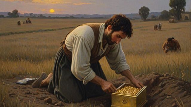 A man digging up a buried chest of gold and jewels in a field at dusk, lantern light glinting on the treasure