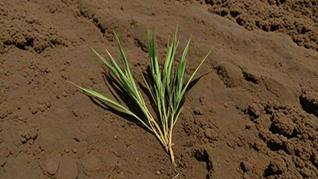 A single grain of wheat falling into dark furrowed soil with a green shoot and a ripe wheat field behind it