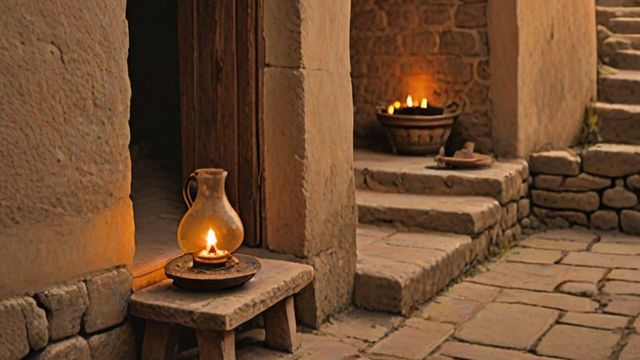 A small clay oil lamp glowing on a stand in a stone house while a hill town glows at dusk outside
