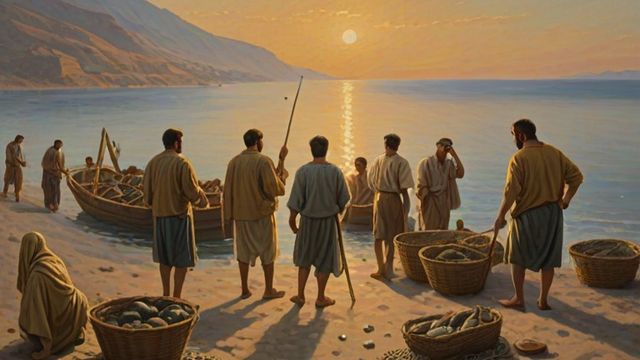 Fishermen on the shore of the Sea of Galilee hauling in a heavy net and sorting fish into baskets