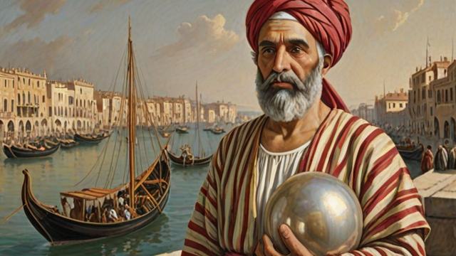 A merchant in ancient robes holding up a single enormous radiant pearl in front of market stalls at a harbor