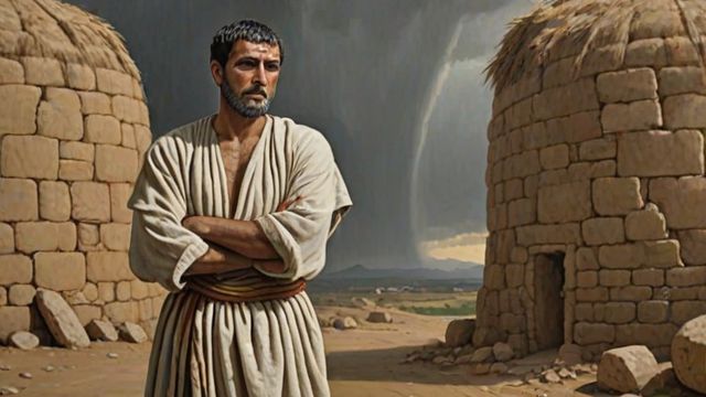 A wealthy farmer standing before enormous overflowing barns of grain under a darkening night sky