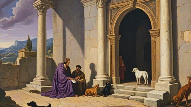 A rich man in purple at a feast while a poor sick man lies at his gate, with a vast chasm in the sky above