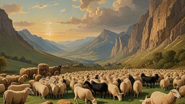 A shepherd's flock divided in a mountain meadow, sheep gathered on one side and goats on the other under a dramatic sky