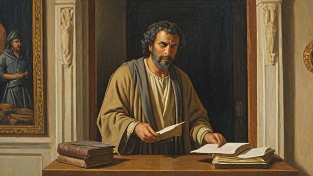 A steward in an estate office adjusting debt scrolls with debtors while an angry master is visible in the doorway