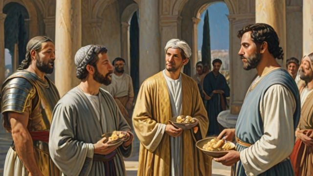 A nobleman handing small silver pouches to ten servants in a palace courtyard before leaving on a journey