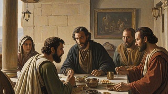 A moneylender forgiving the debts of two debtors, one large and one small, while guests look on