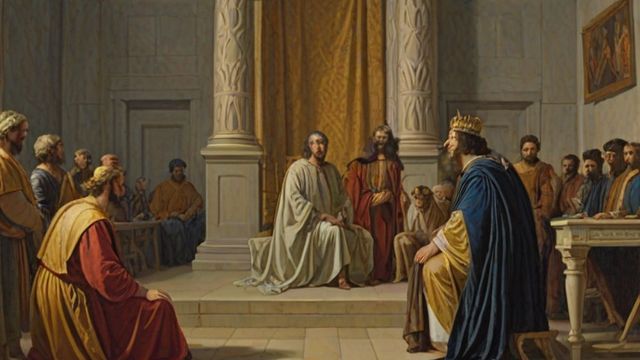 A servant kneeling before a king pleading for mercy, then outside seizing a poorer fellow servant by the collar