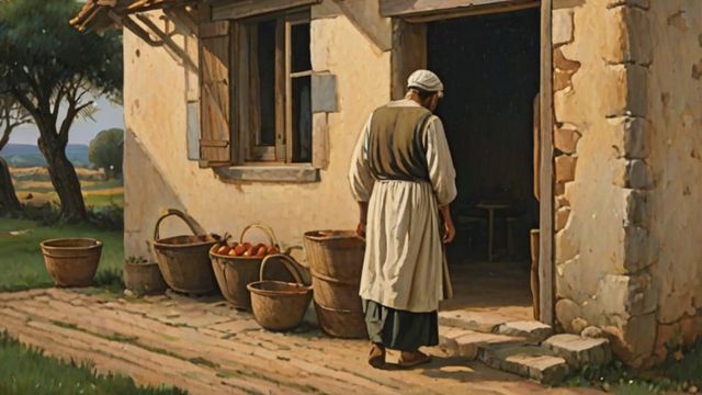 A tired servant coming in from the field at evening to prepare dinner for his master in a rustic kitchen