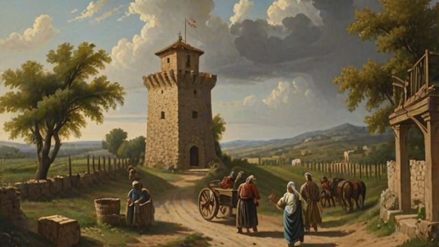 A vineyard with a stone watchtower where grim tenant farmers drive the owner's servants away from the gate