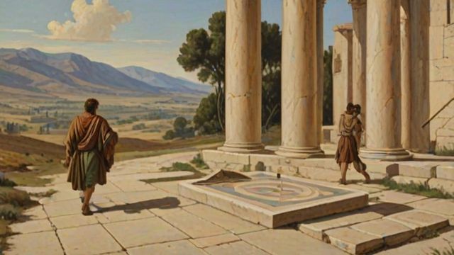 A traveler walking a clear road in bright noon daylight past a sundial, while another stumbles in the dark far behind