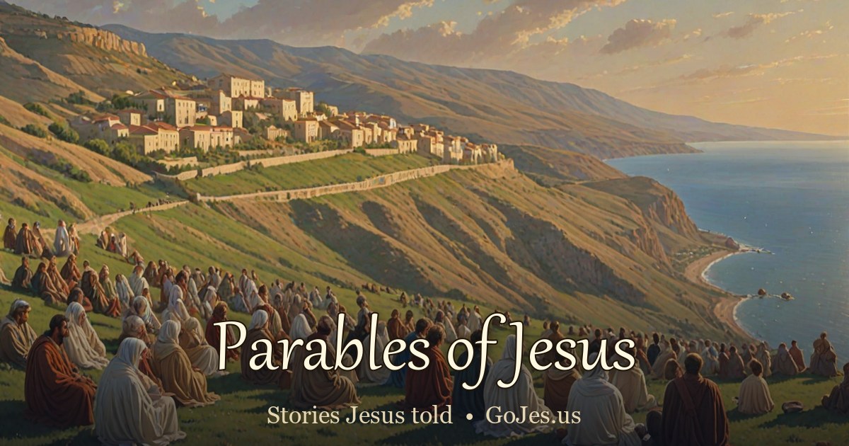 Parables of Jesus: a crowd listening to Jesus teach on a Galilean hillside