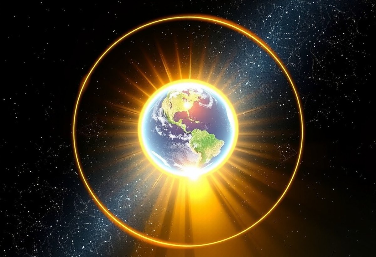 The Earth glowing inside a great ring of golden light against the stars