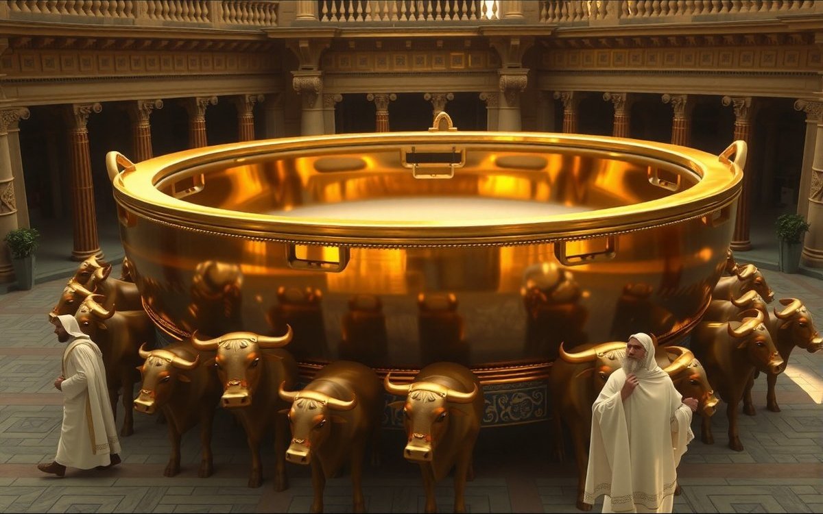 Artist's impression of the great bronze basin, the Molten Sea, in the courtyard of Solomon's Temple