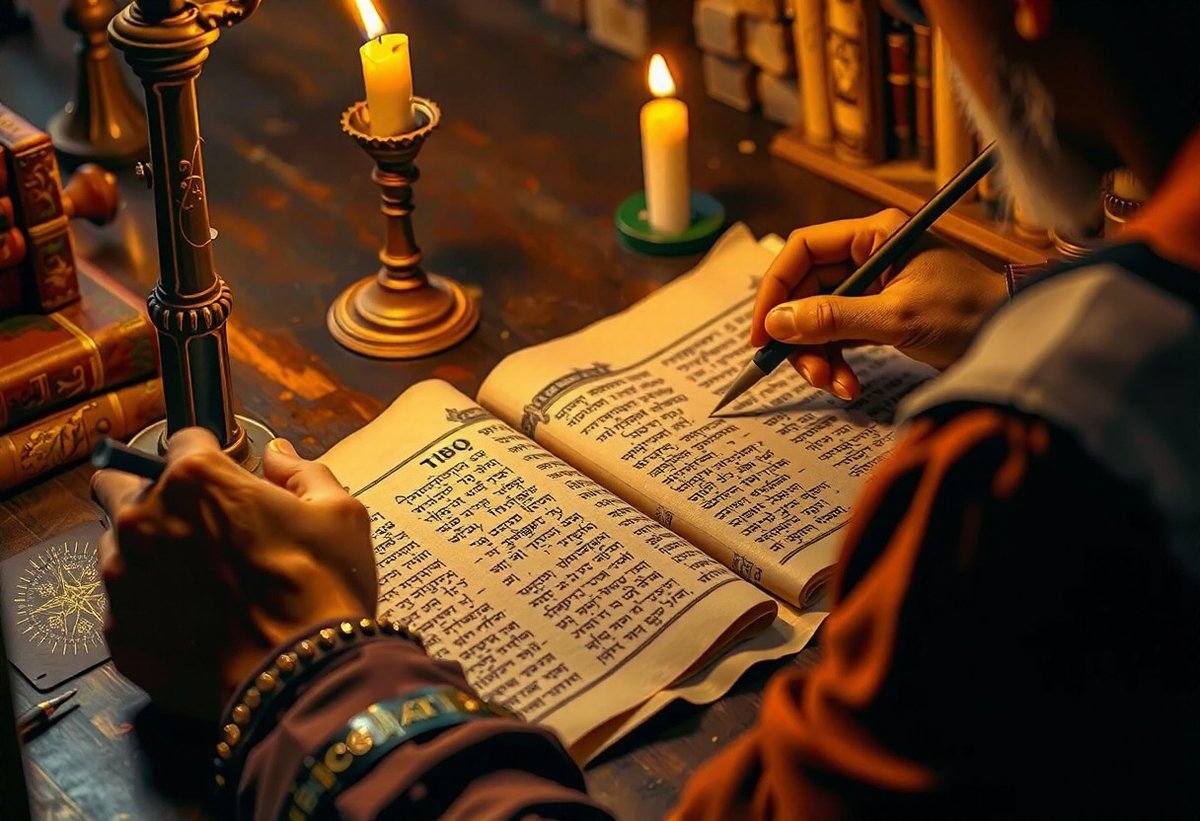A scribe carefully copying a Hebrew manuscript by candlelight