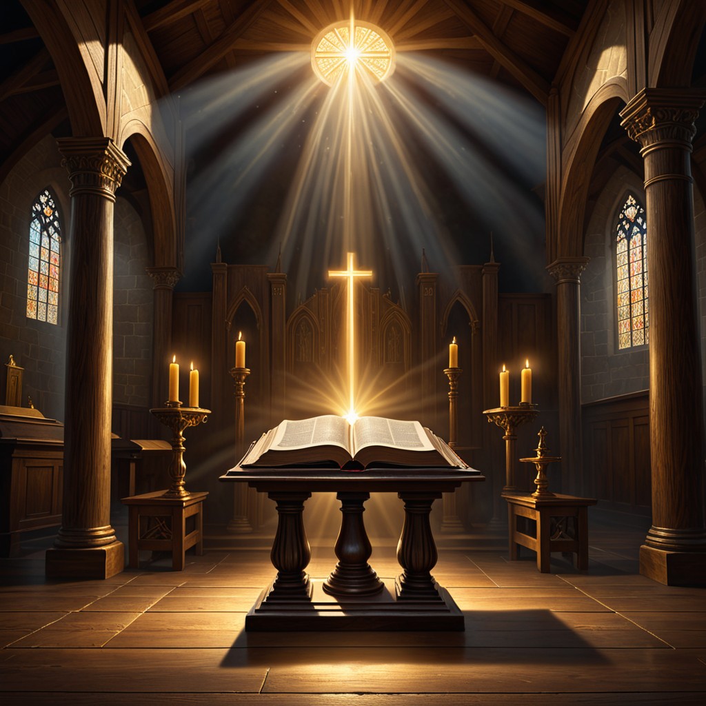 Open Holy Bible emitting golden celestial light