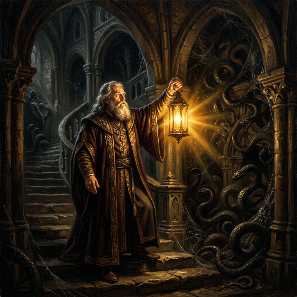 Lamp of discernment illuminating hidden darkness in the sanctuary