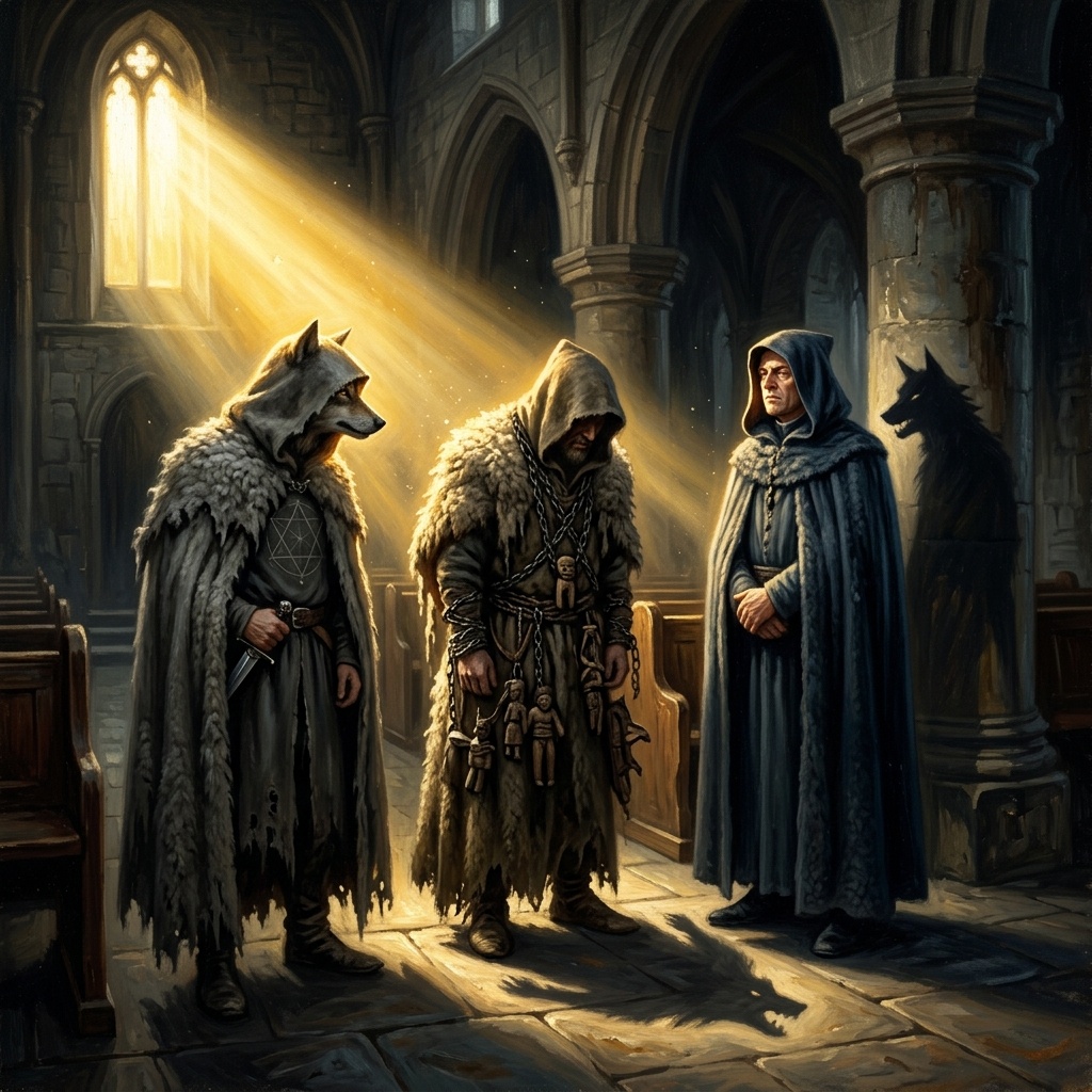 Three shadowy infiltrator figures — trained agent, pagan syncretist, and self-deceived controller — unmasked by divine light