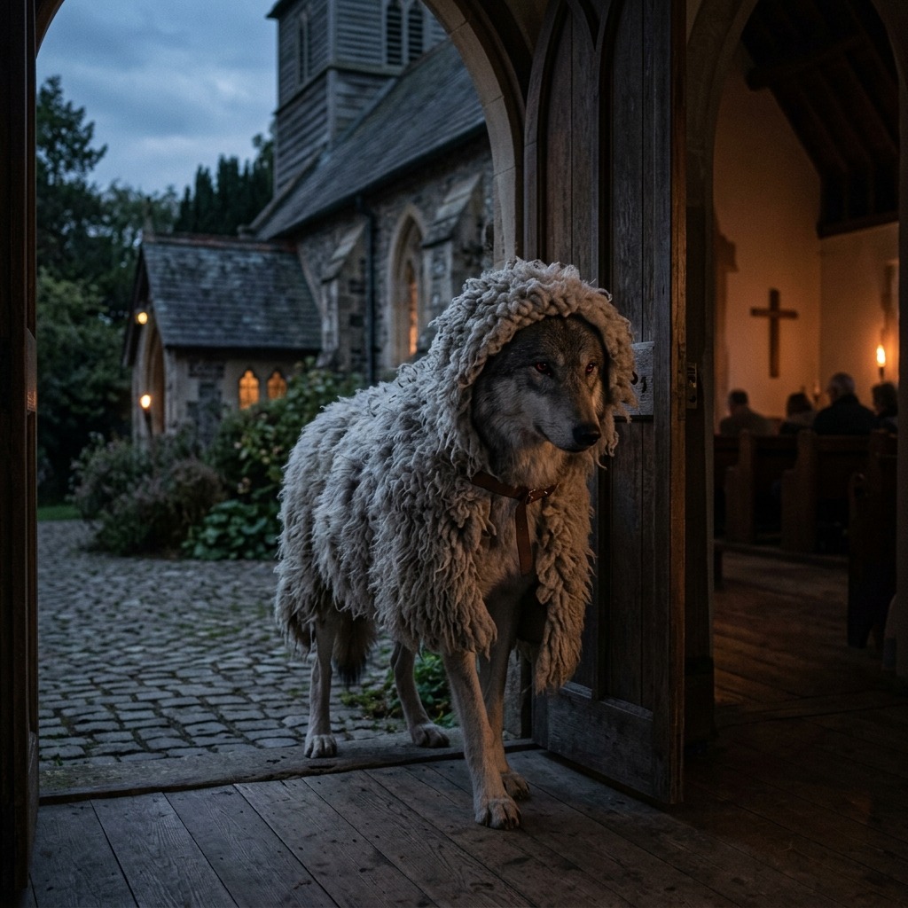 Wolf wearing sheep fleece stepping into the sanctuary threshold